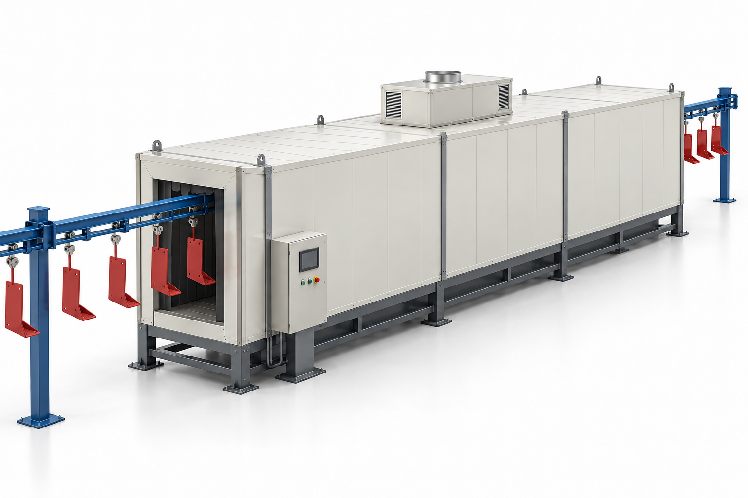 Straight-through curing oven with an aligned overhead conveyor carrying red metal parts through opposite ends
