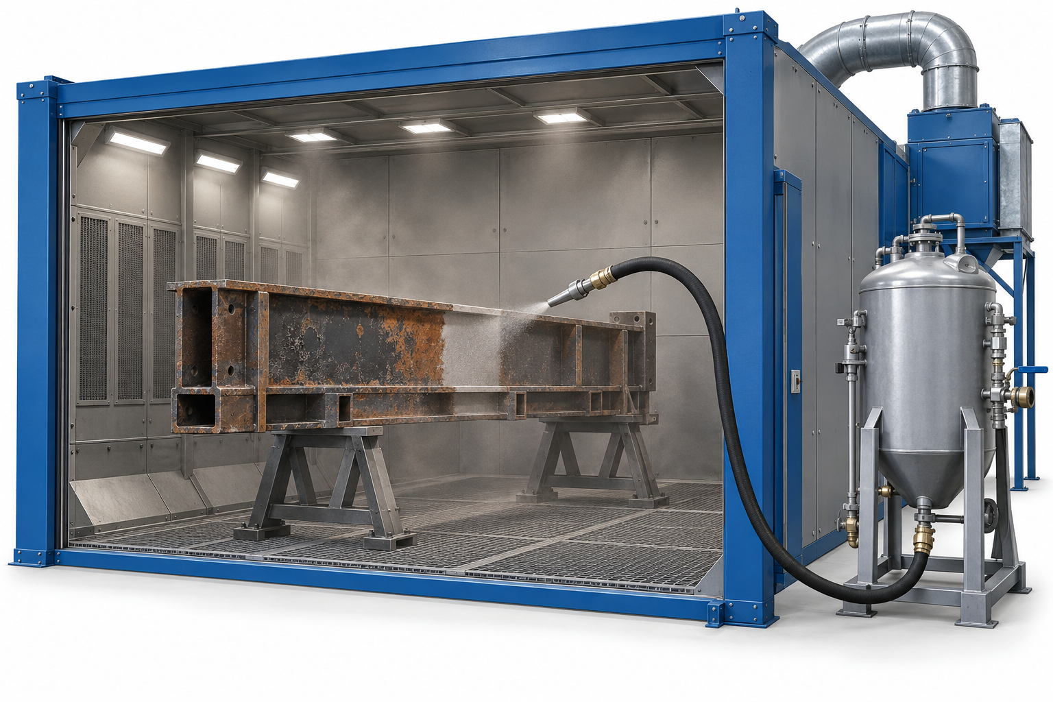 Abrasive blasting equipment removing rust from a steel frame