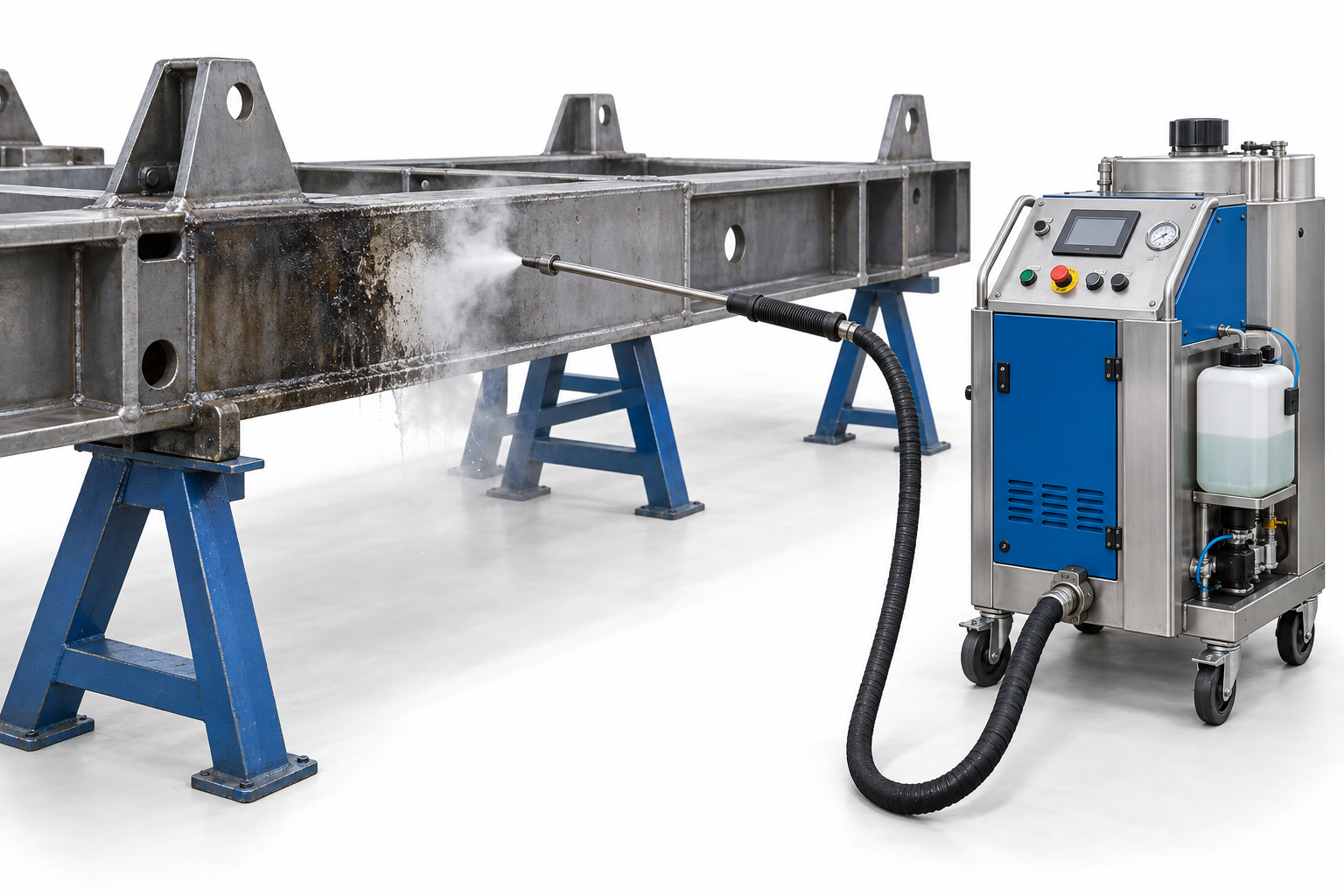 Industrial steam cleaner with chemical dosing treating a large steel frame